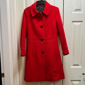 Le Chateau, red pea coat, navy polka dot lining
